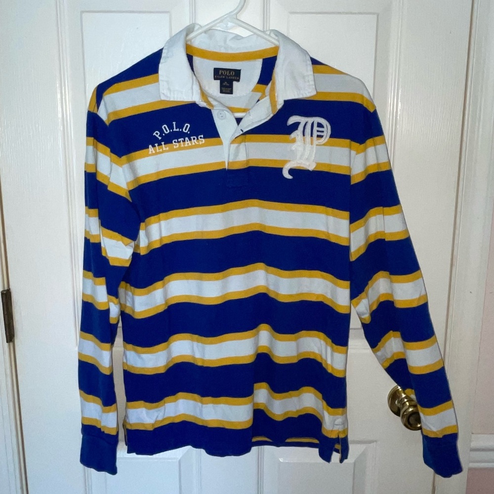 Vintage polo. Blue, gold, and white stripes